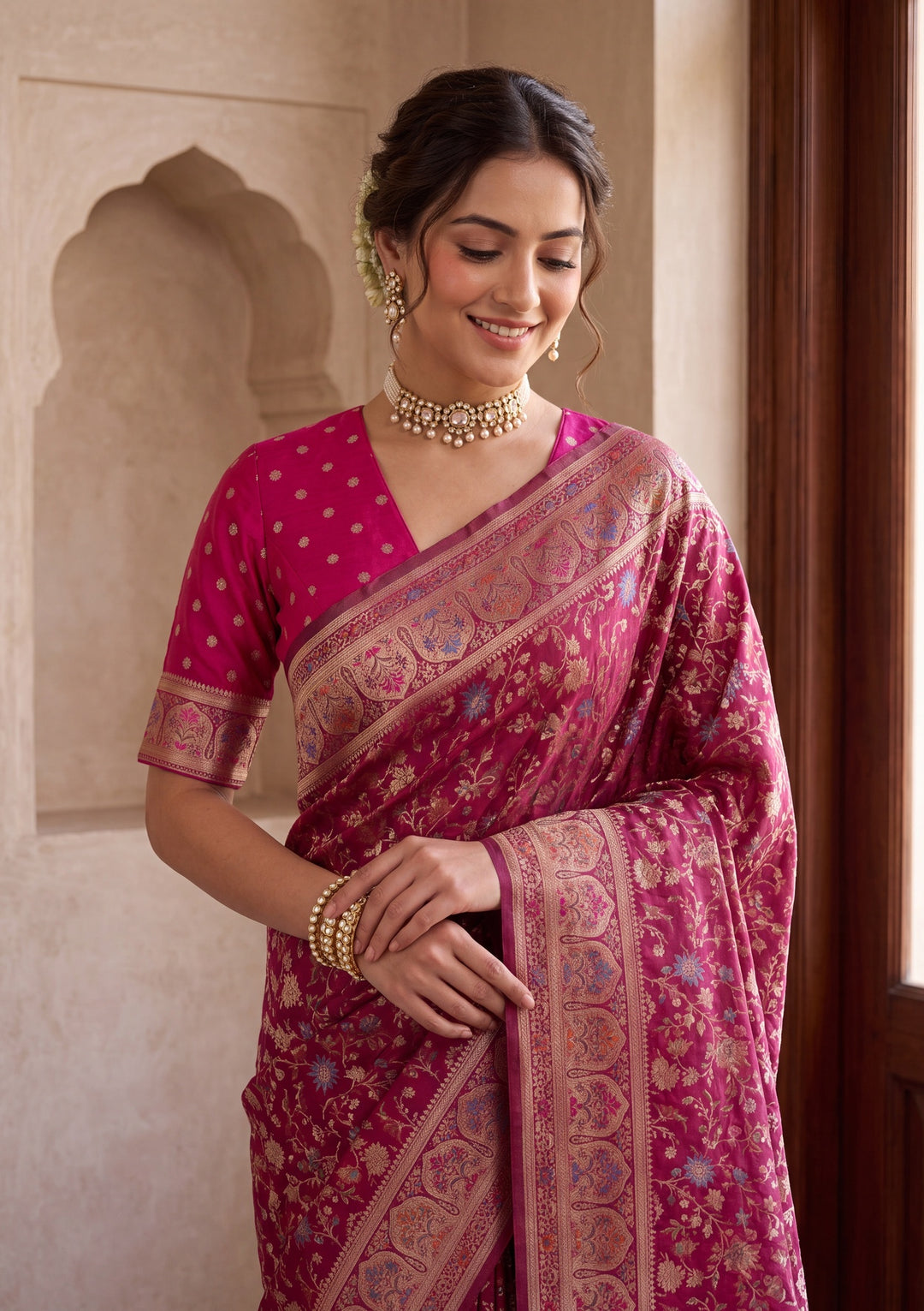 Wine Banarasi Art Silk Saree With Matching Blouse Piece