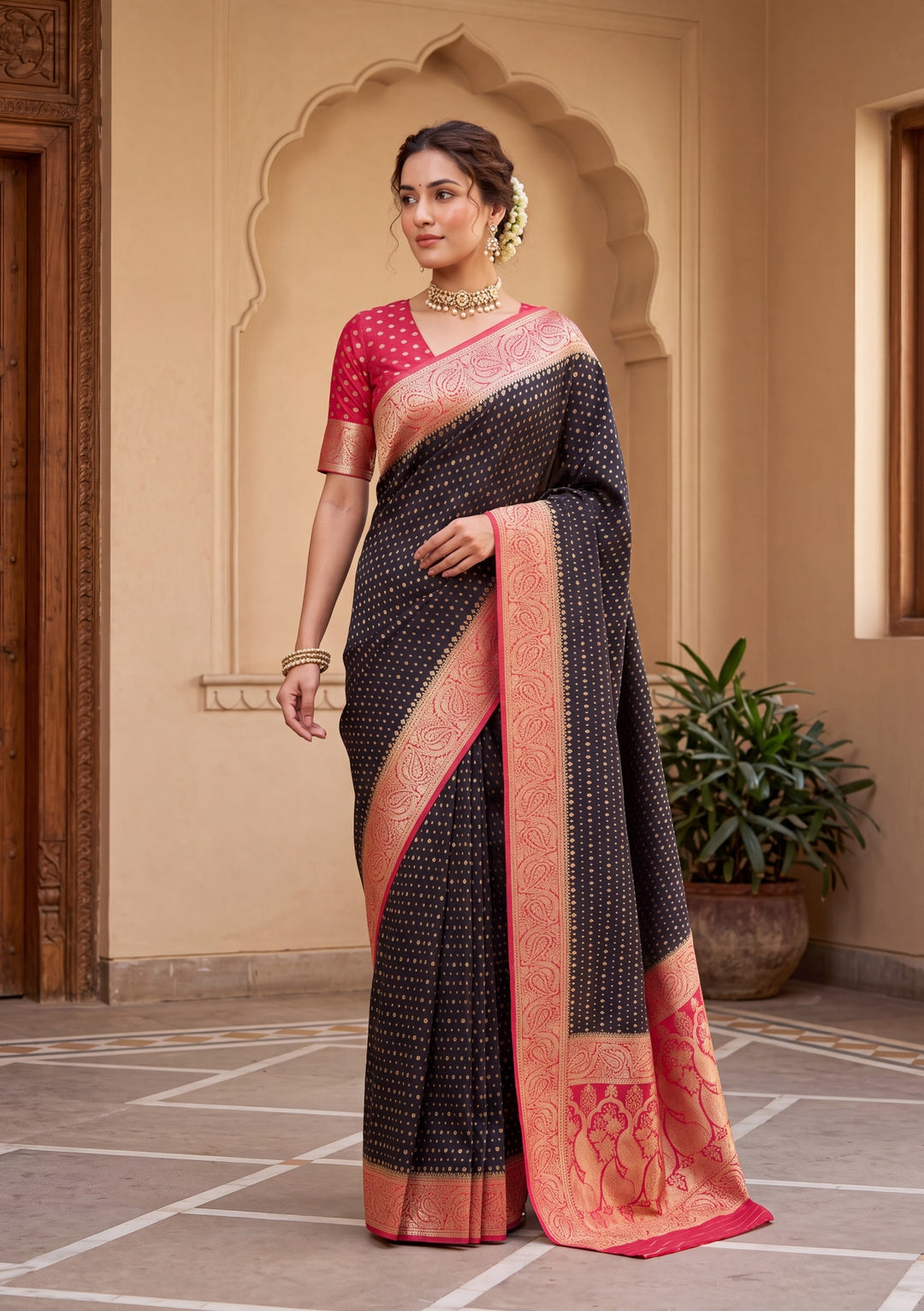 Black Banarasi Art Silk Saree With Matching Blouse Piece