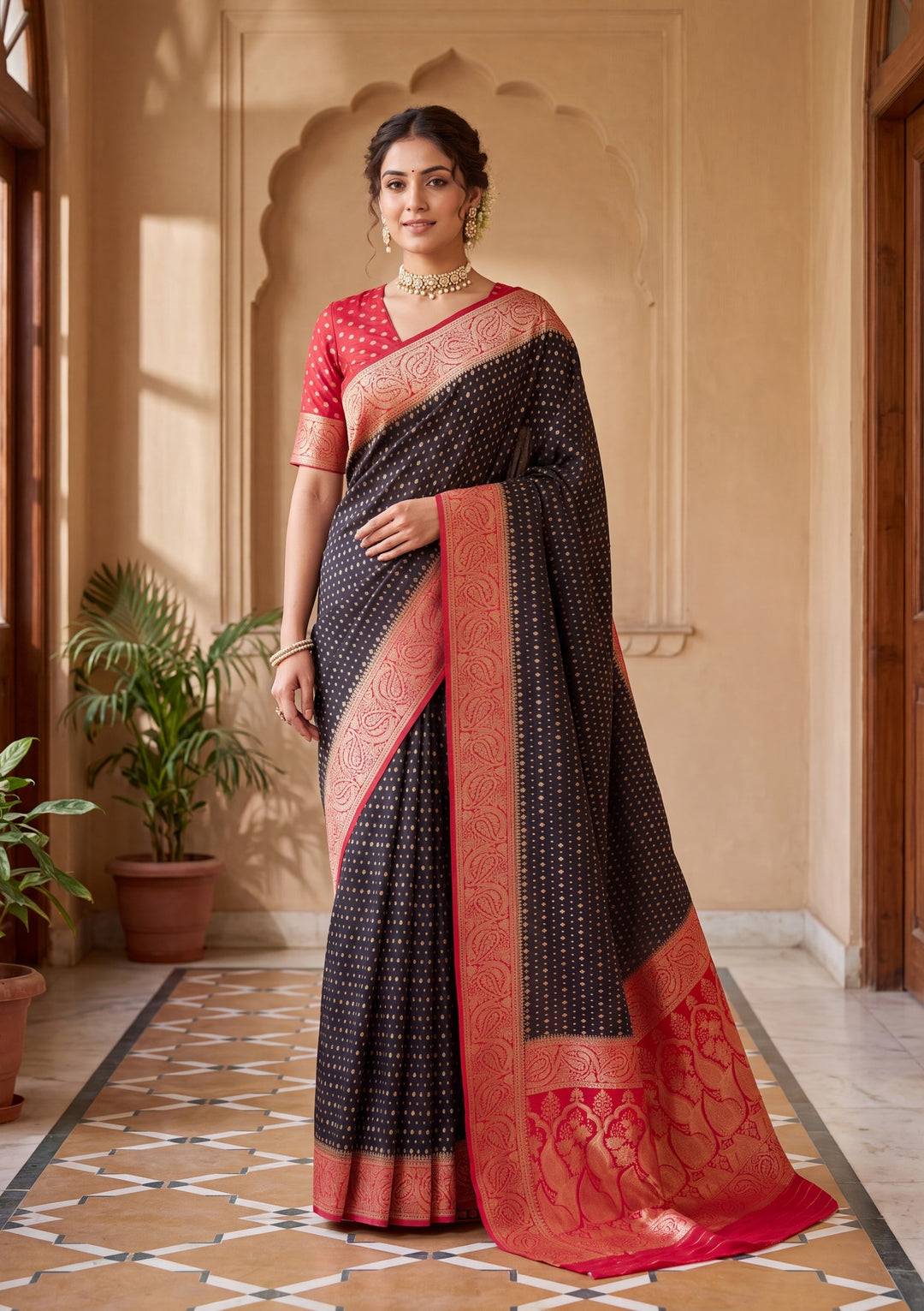 Black Banarasi Art Silk Saree With Matching Blouse Piece