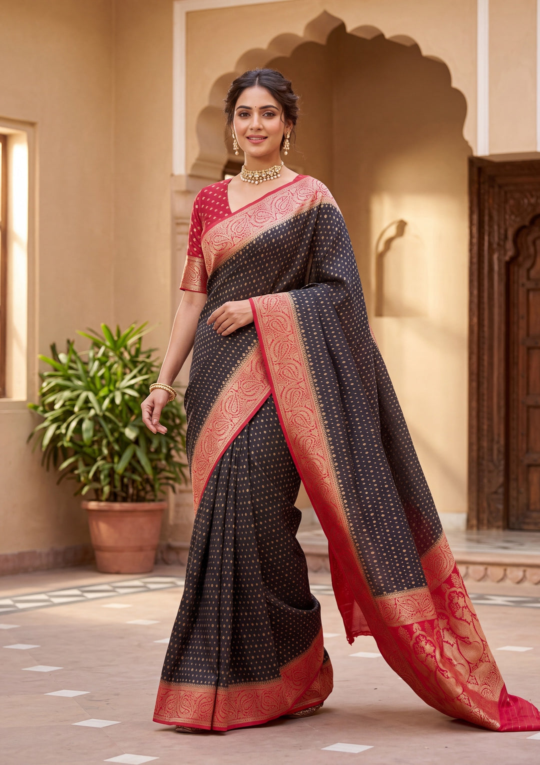 Black Banarasi Art Silk Saree With Matching Blouse Piece