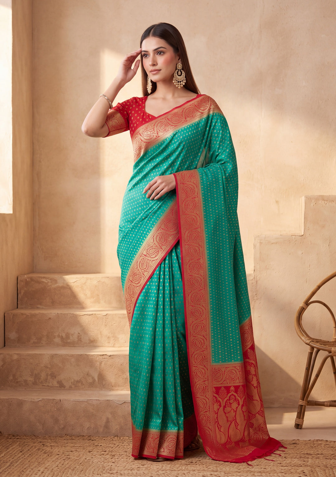 Rama Green Silk Buti Banarasi Saree With Matching Blouse Piece
