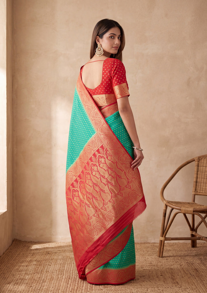 Rama Green Silk Buti Banarasi Saree With Matching Blouse Piece