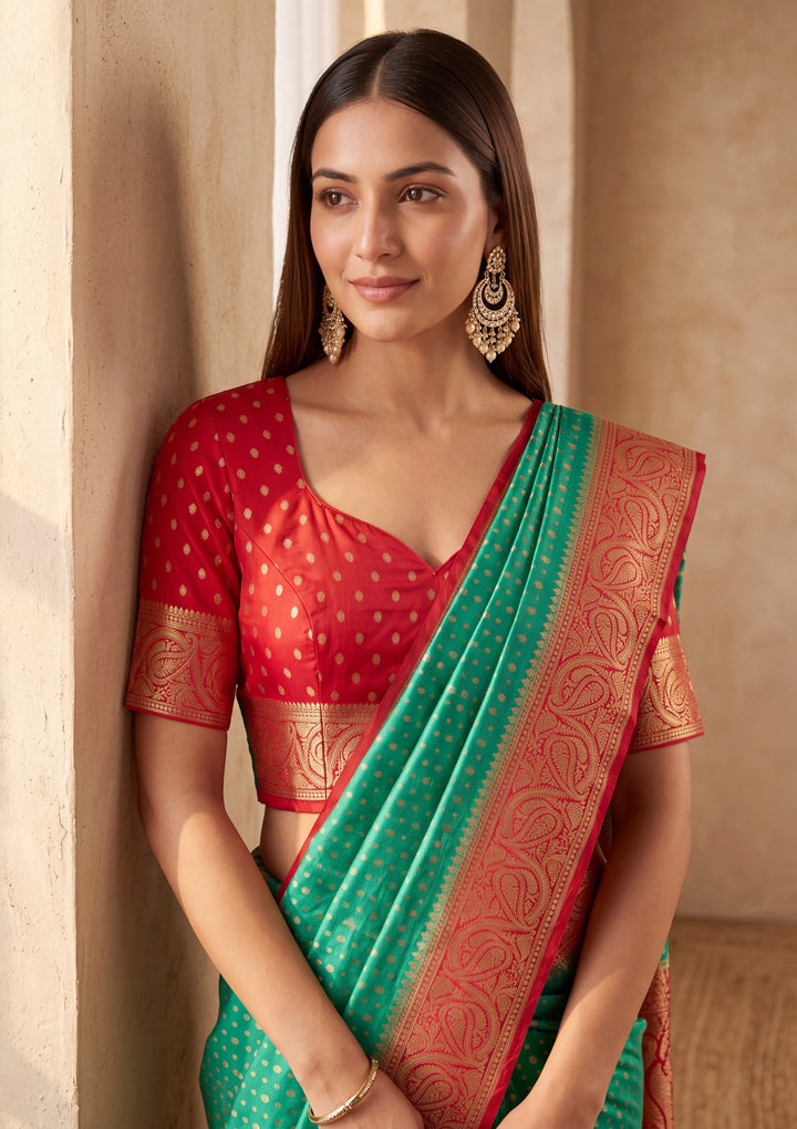 Rama Green Silk Buti Banarasi Saree With Matching Blouse Piece