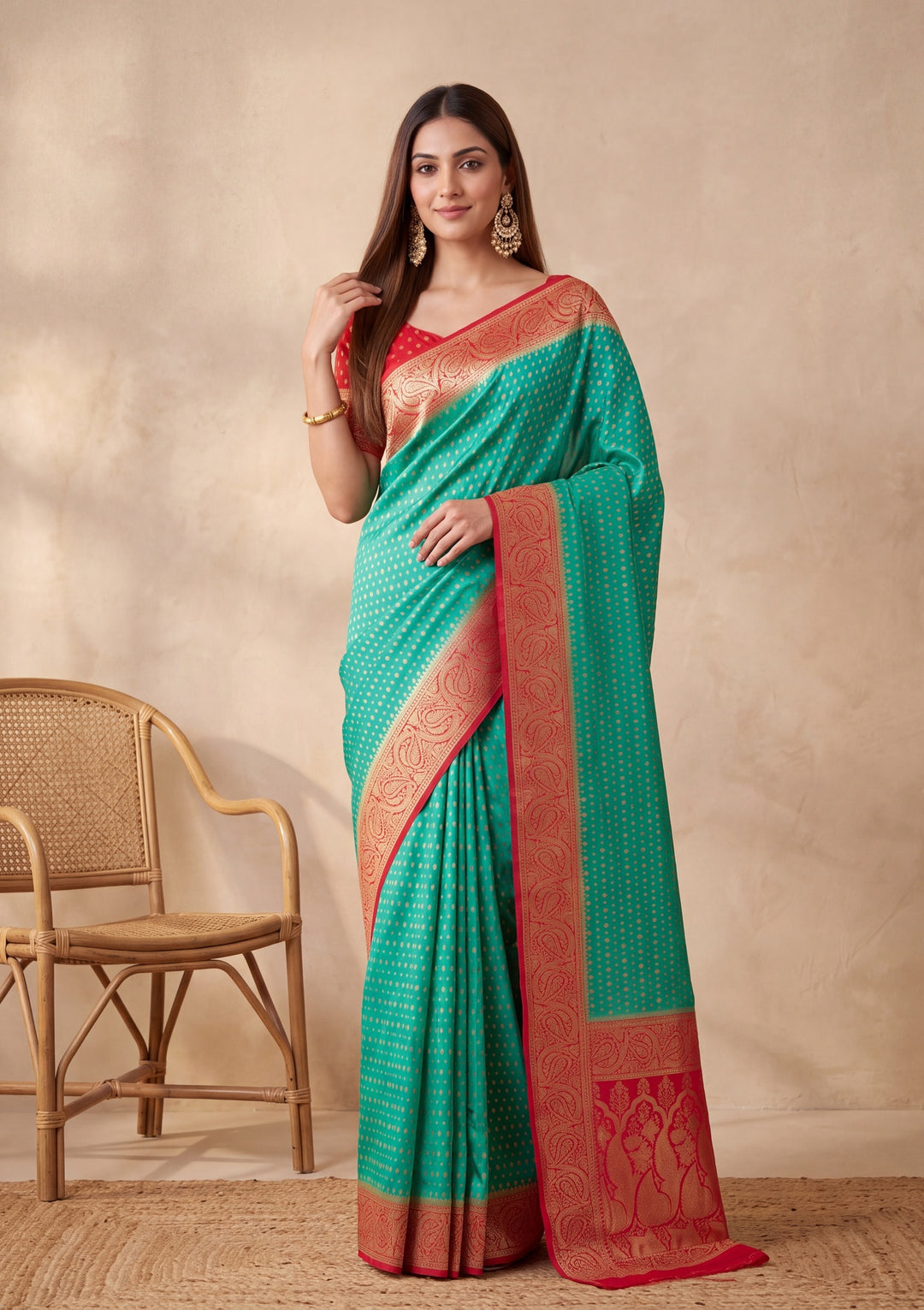 Rama Green Silk Buti Banarasi Saree With Matching Blouse Piece