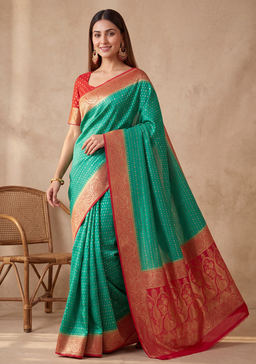 Rama Green Silk Buti Banarasi Saree With Matching Blouse Piece