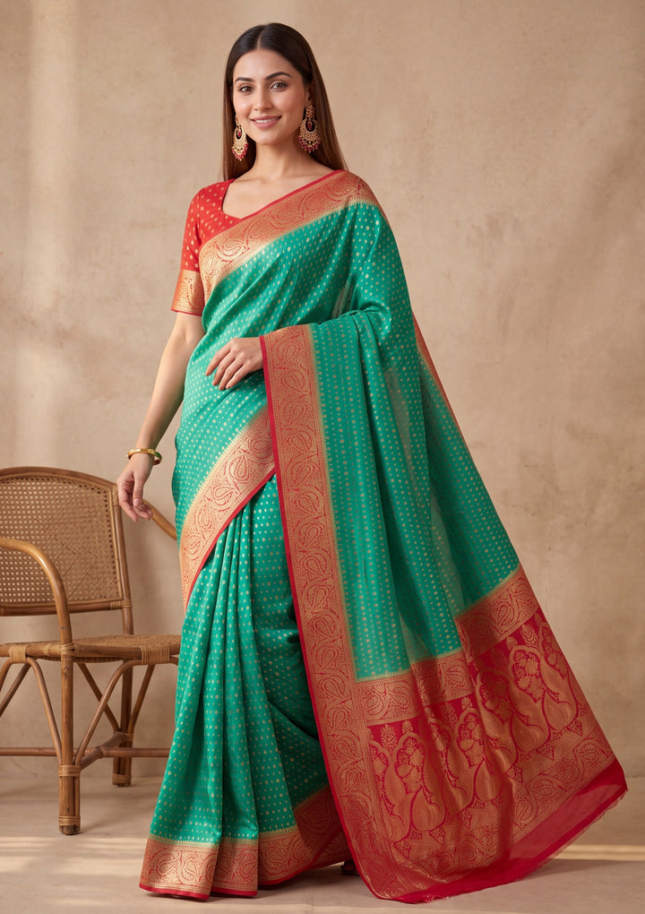 Rama Green Silk Buti Banarasi Saree With Matching Blouse Piece