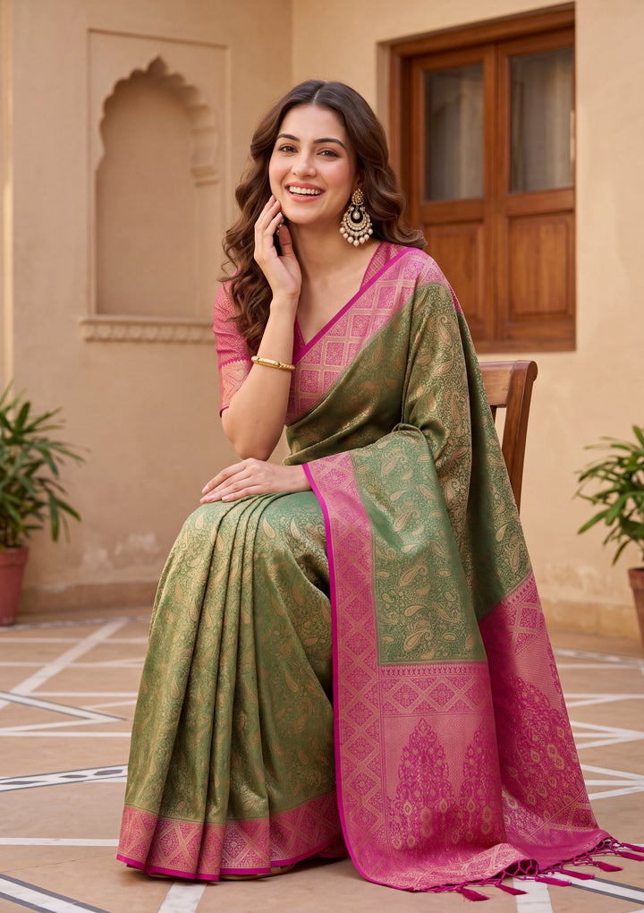 Bottle Green Art Silk Banarasi Jaal Saree With Matching Blouse Piece