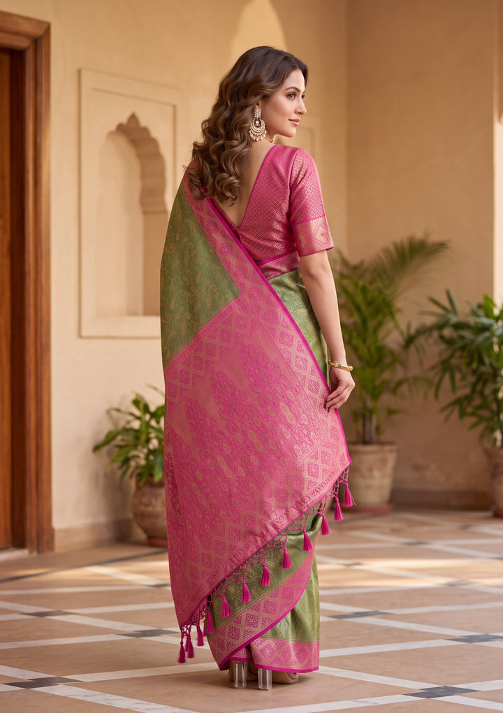 Bottle Green Art Silk Banarasi Jaal Saree With Matching Blouse Piece