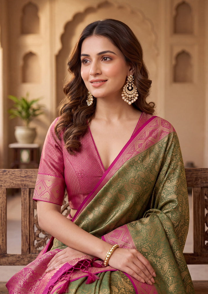 Bottle Green Art Silk Banarasi Jaal Saree With Matching Blouse Piece
