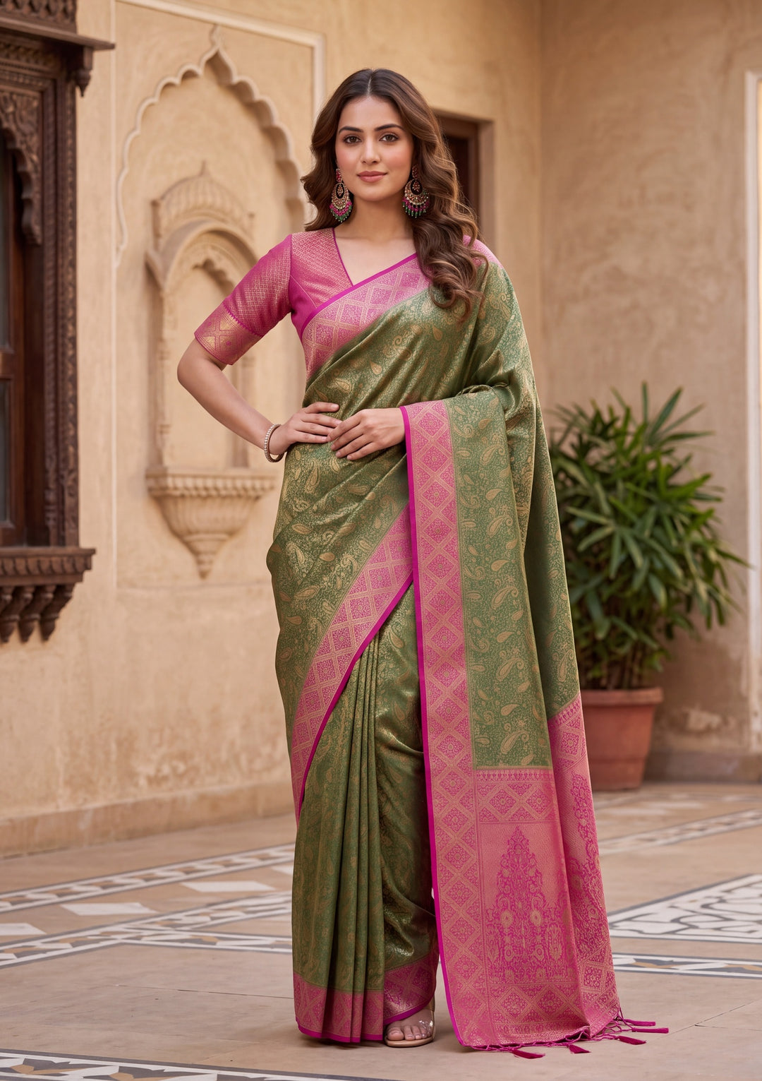 Bottle Green Art Silk Banarasi Jaal Saree With Matching Blouse Piece