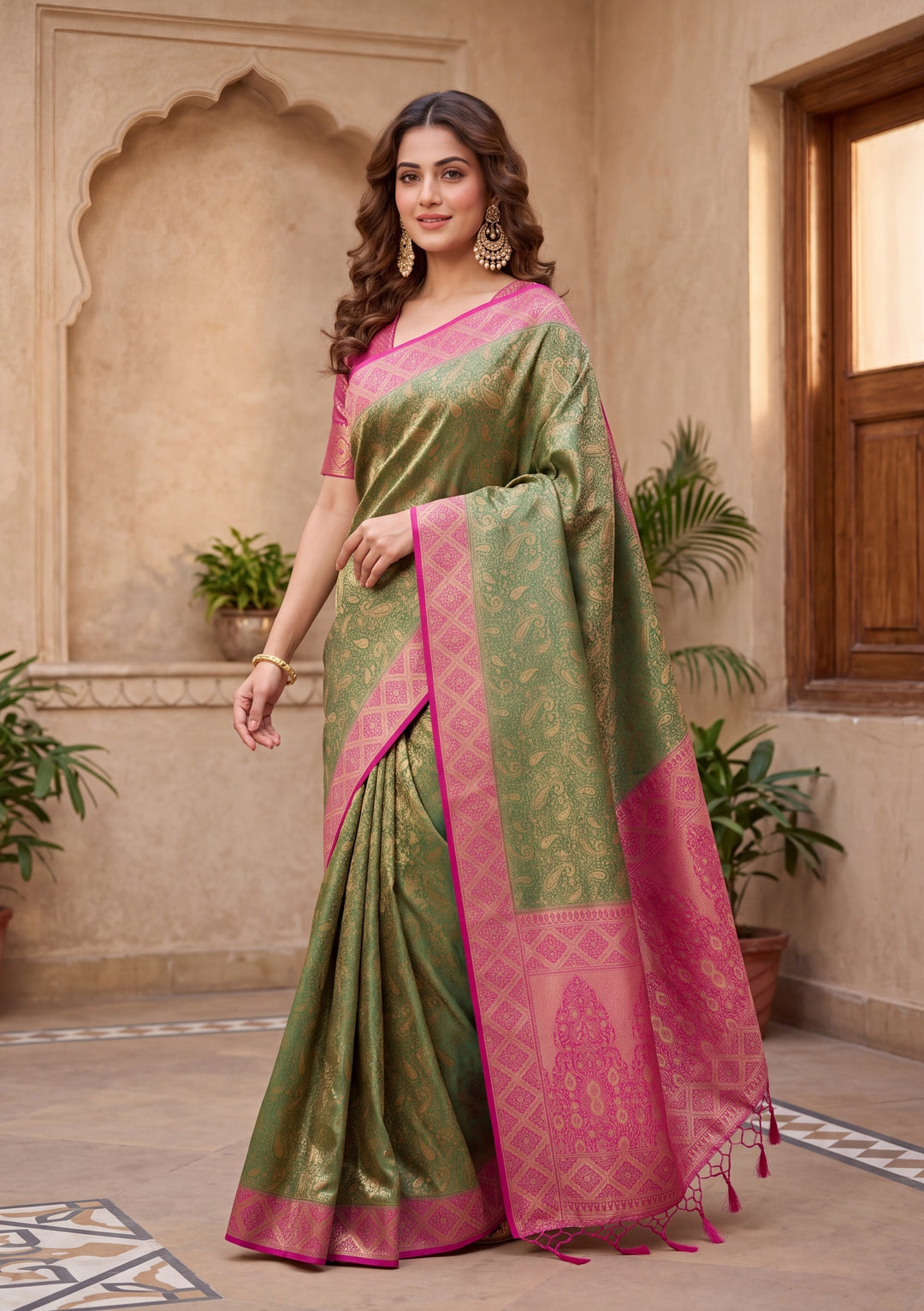Bottle Green Art Silk Banarasi Jaal Saree With Matching Blouse Piece