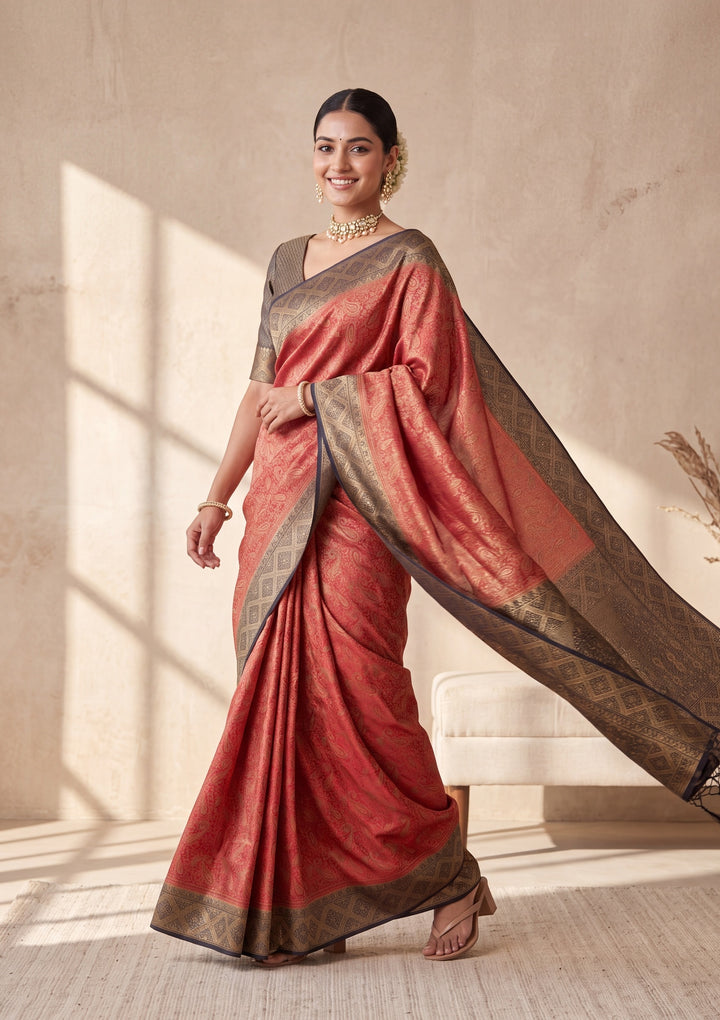 Red Banarasi Art Silk Saree With Matching Blouse Piece