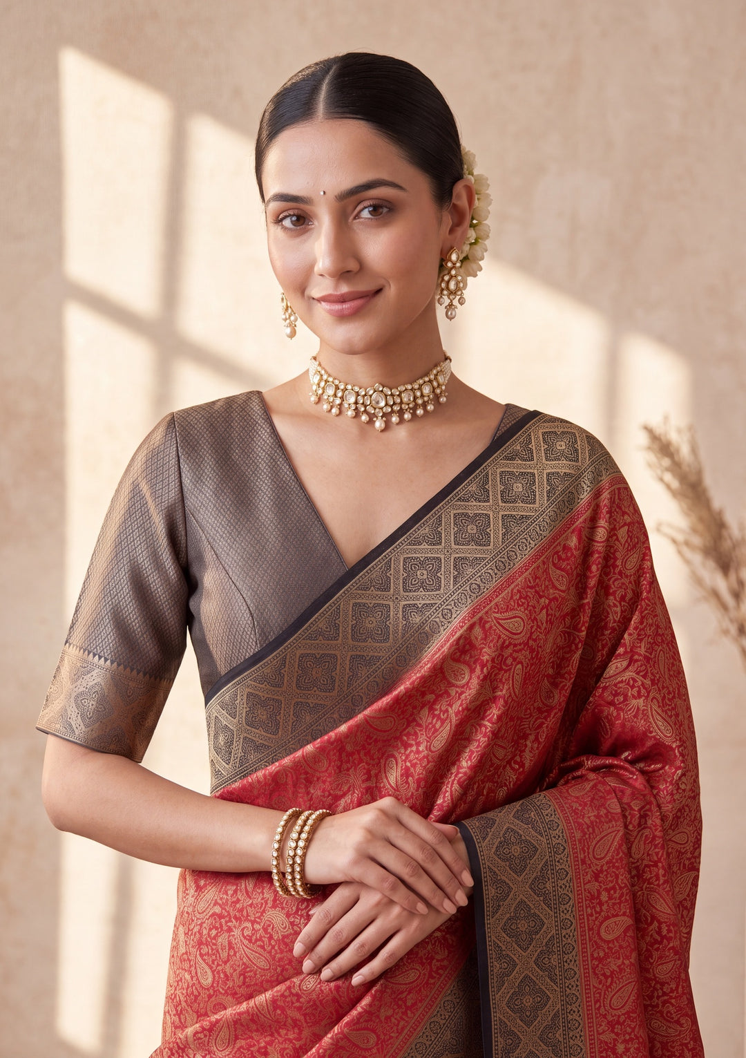 Red Banarasi Art Silk Saree With Matching Blouse Piece