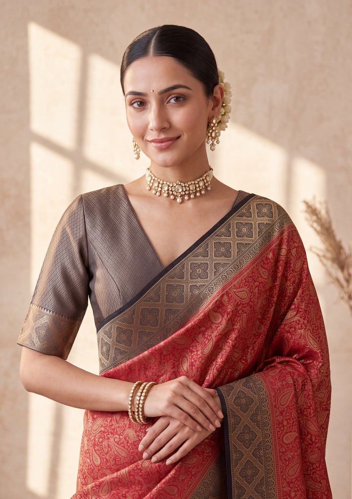 Red Banarasi Art Silk Saree With Matching Blouse Piece