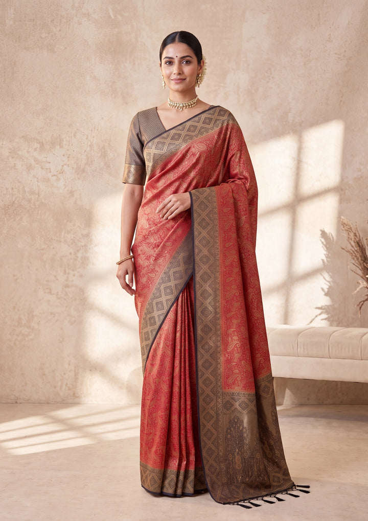 Red Banarasi Art Silk Saree With Matching Blouse Piece
