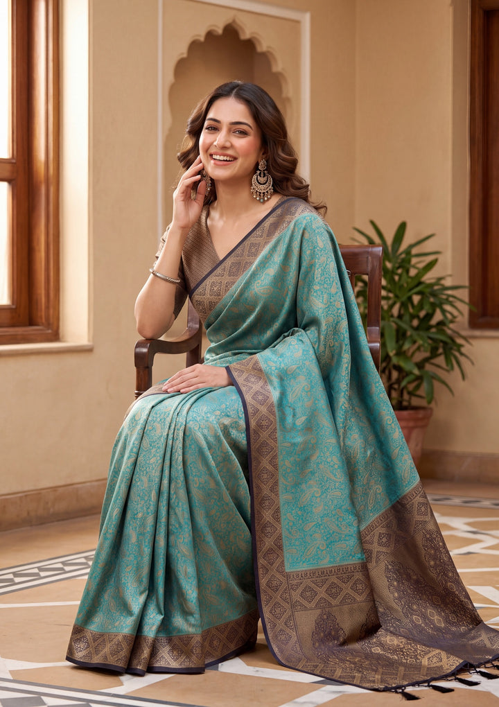 Turquoise Blue Art Silk Banarasi Jaal Saree With Matching Blouse Piece