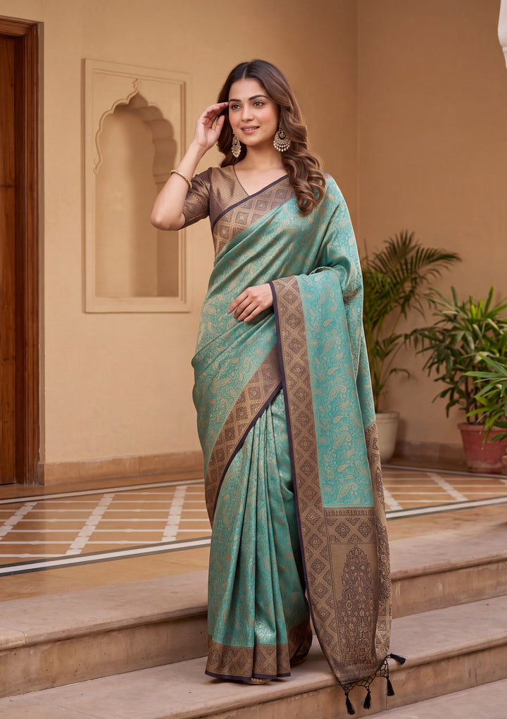 Turquoise Blue Art Silk Banarasi Jaal Saree With Matching Blouse Piece