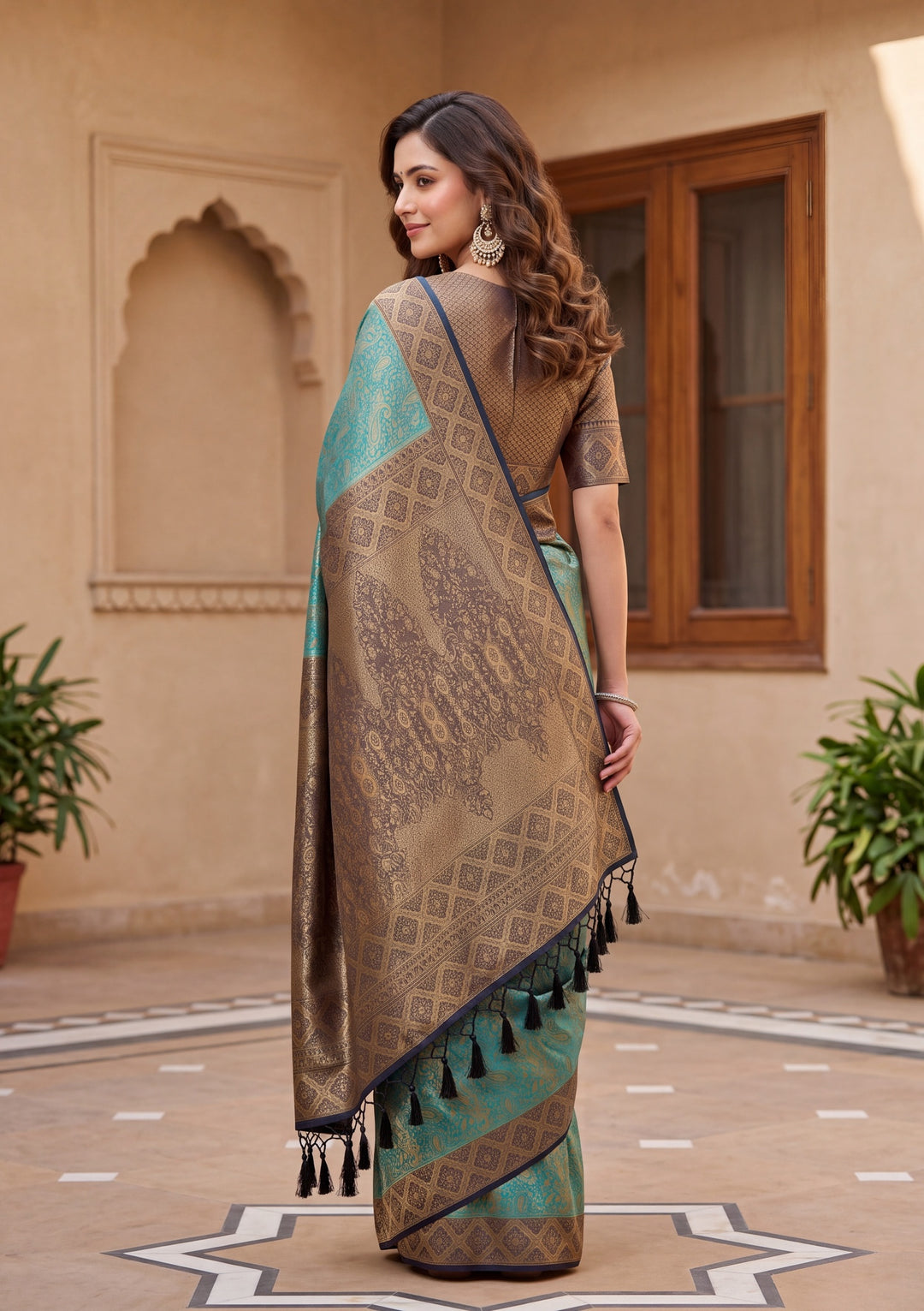 Turquoise Blue Art Silk Banarasi Jaal Saree With Matching Blouse Piece