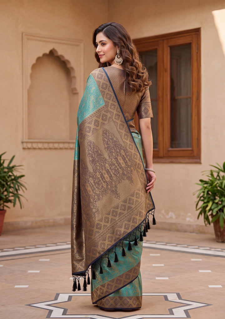 Turquoise Blue Art Silk Banarasi Jaal Saree With Matching Blouse Piece