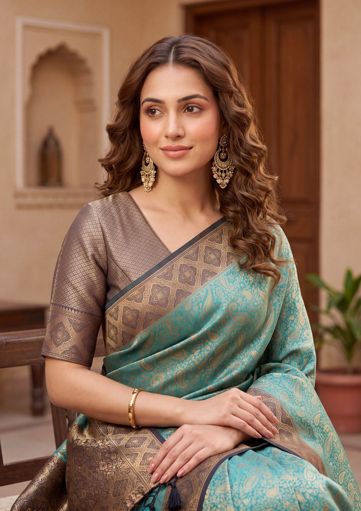 Turquoise Blue Art Silk Banarasi Jaal Saree With Matching Blouse Piece