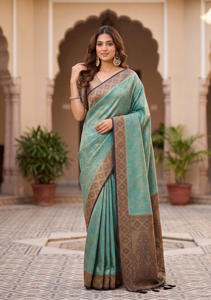 Turquoise Blue Art Silk Banarasi Jaal Saree With Matching Blouse Piece