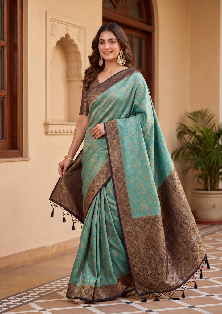 Turquoise Blue Art Silk Banarasi Jaal Saree With Matching Blouse Piece