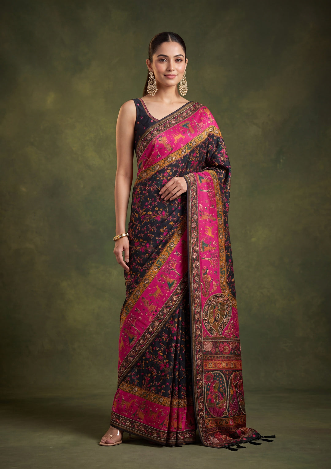 Black Art Silk Jaal Gold Stonework Saree With Matching Blouse Piece