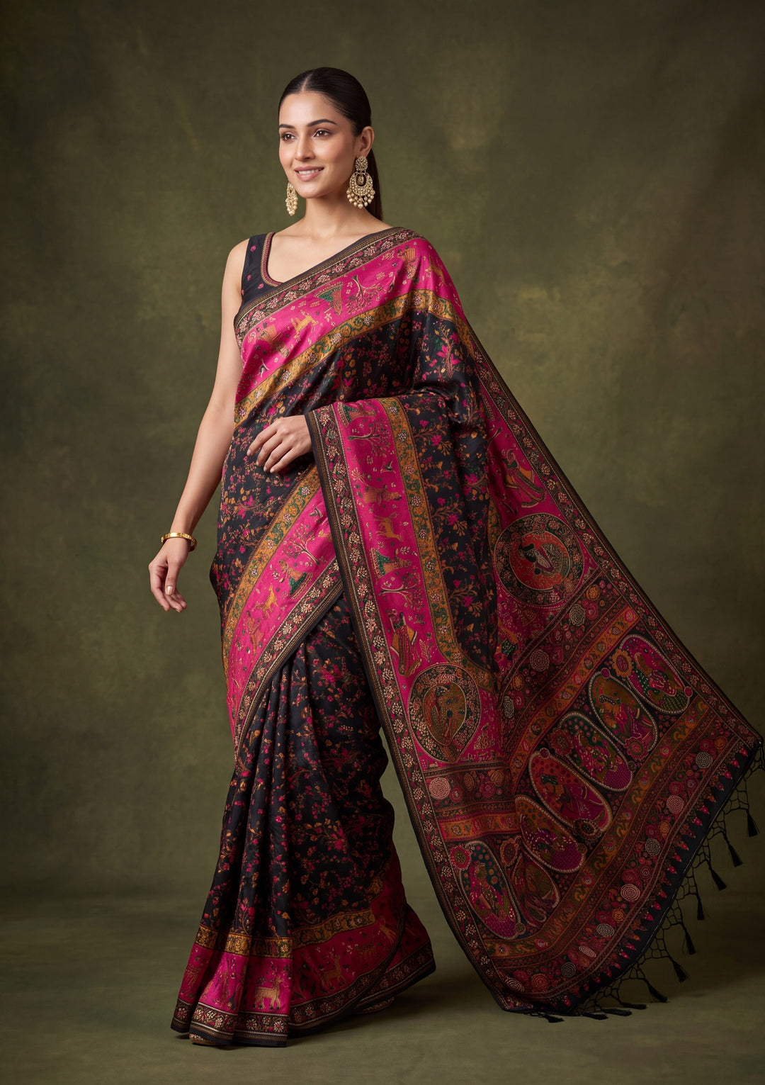 Black Art Silk Jaal Gold Stonework Saree With Matching Blouse Piece