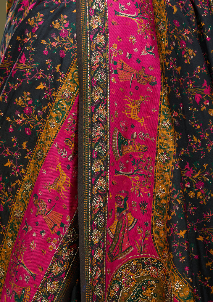 Black Art Silk Jaal Gold Stonework Saree With Matching Blouse Piece