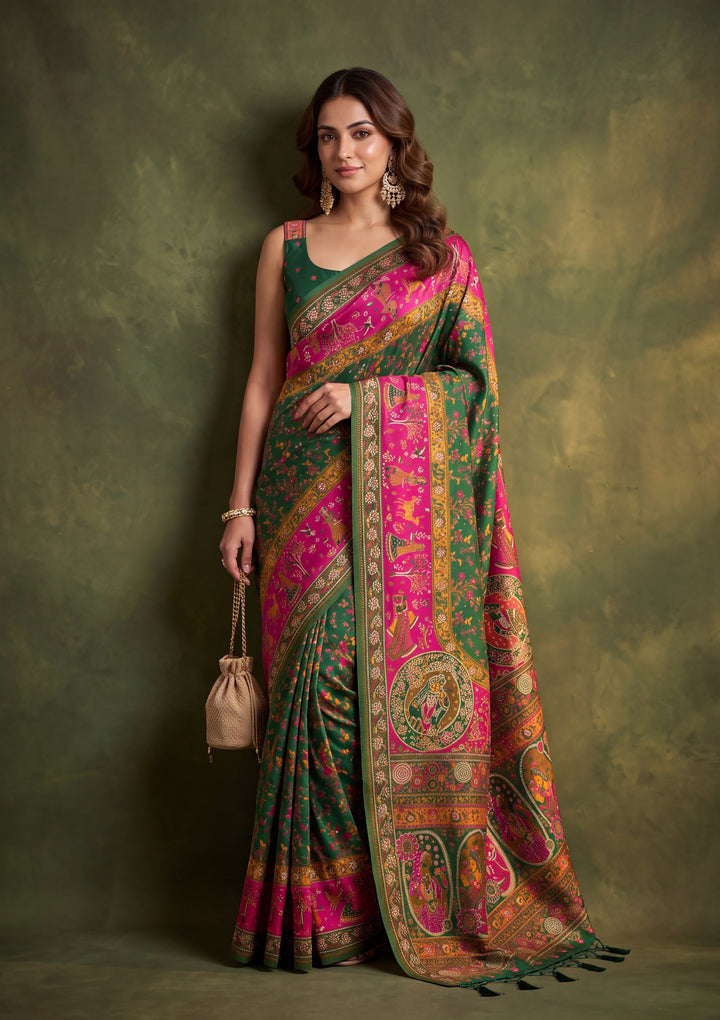 Bottle Green Art Silk Jaal Gold Stonework Saree With Matching Blouse Piece
