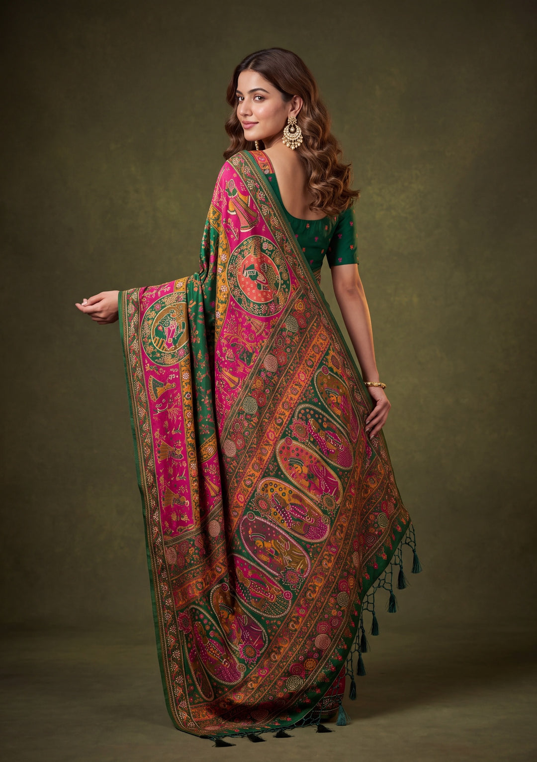 Bottle Green Art Silk Jaal Gold Stonework Saree With Matching Blouse Piece