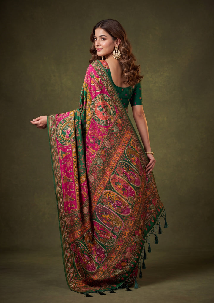 Bottle Green Art Silk Jaal Gold Stonework Saree With Matching Blouse Piece