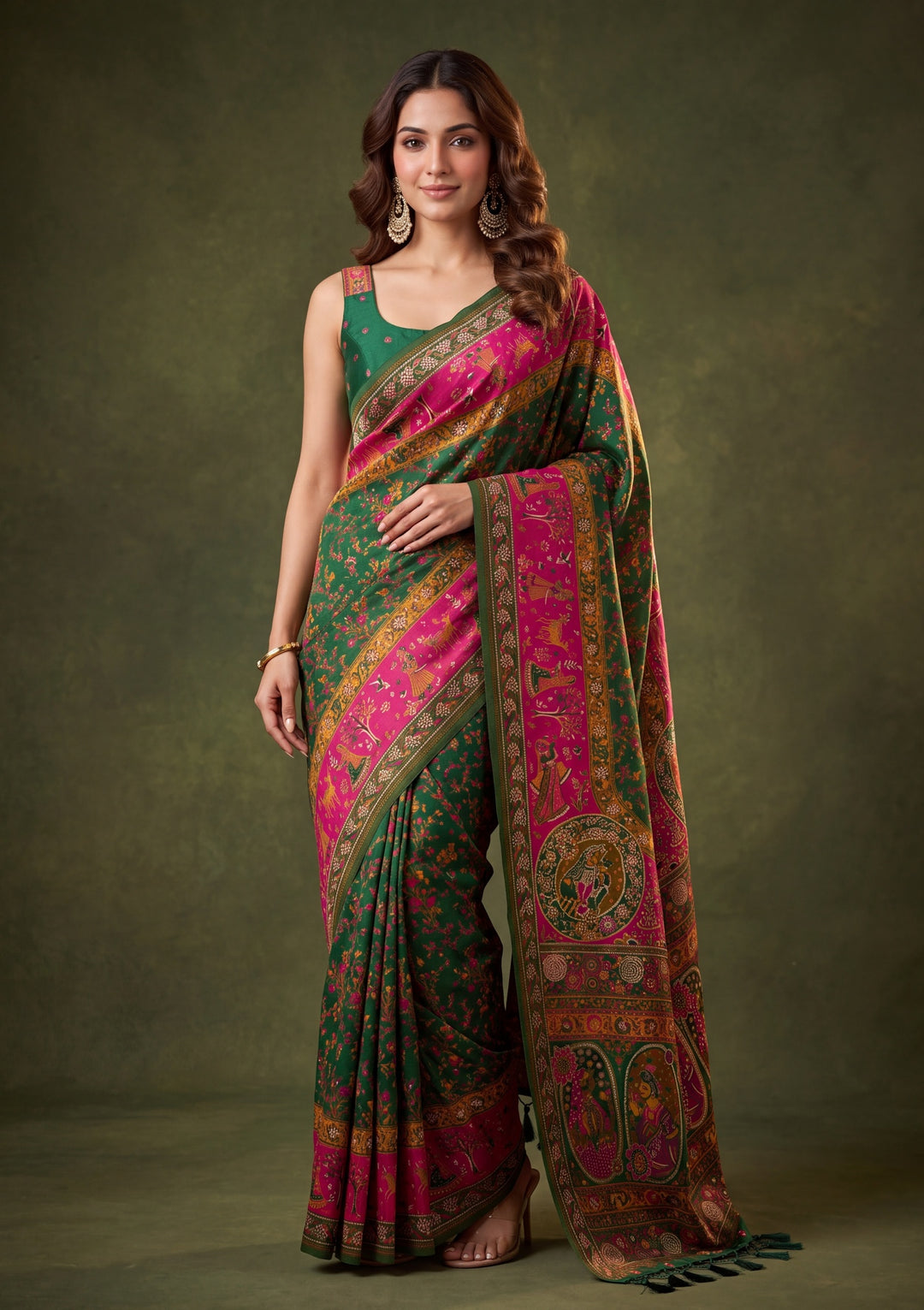 Bottle Green Art Silk Jaal Gold Stonework Saree With Matching Blouse Piece