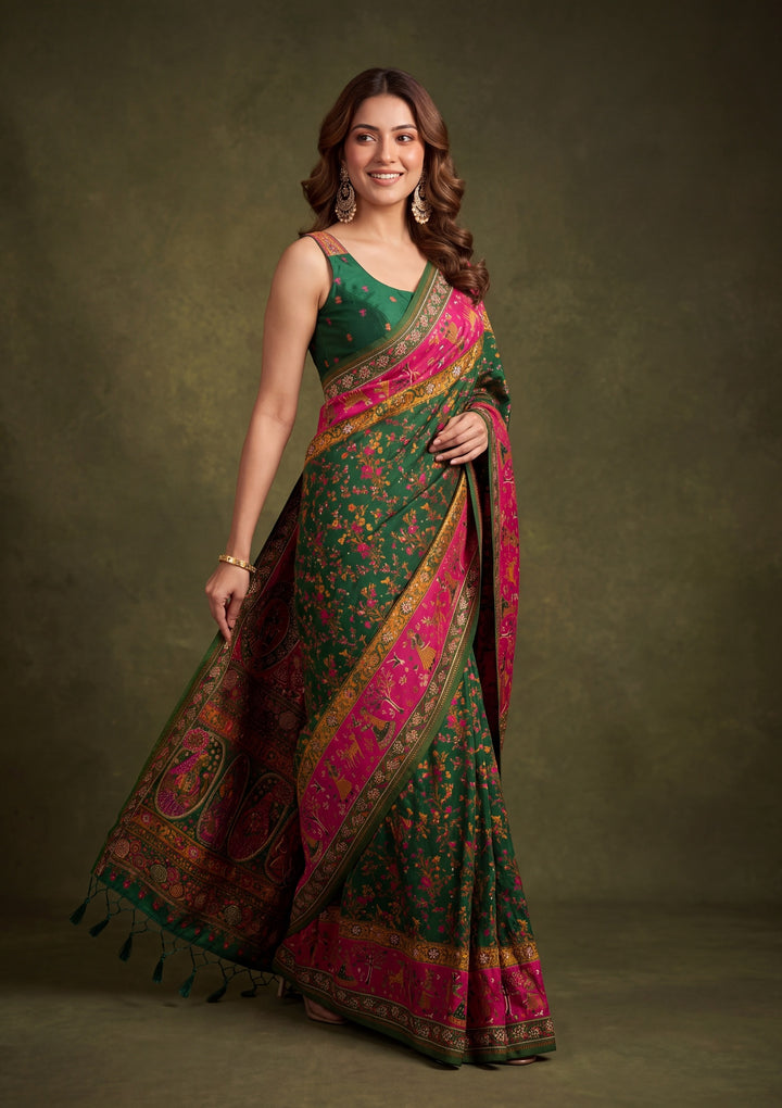 Bottle Green Art Silk Jaal Gold Stonework Saree With Matching Blouse Piece