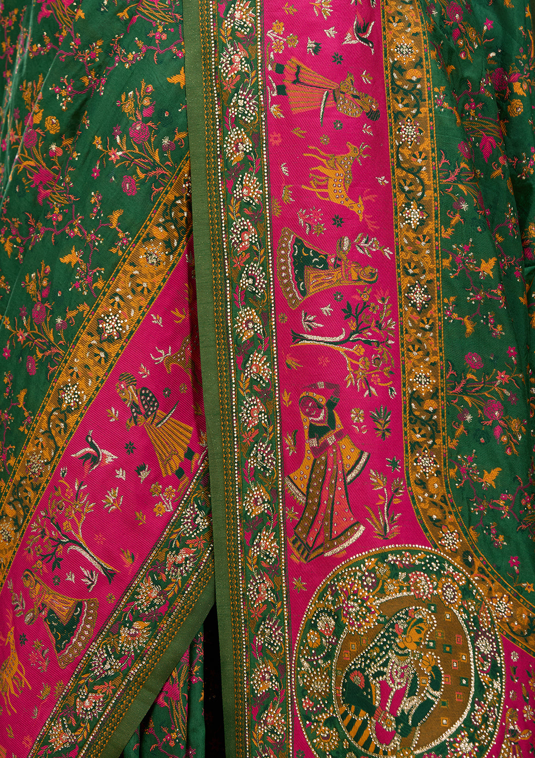 Bottle Green Art Silk Jaal Gold Stonework Saree With Matching Blouse Piece