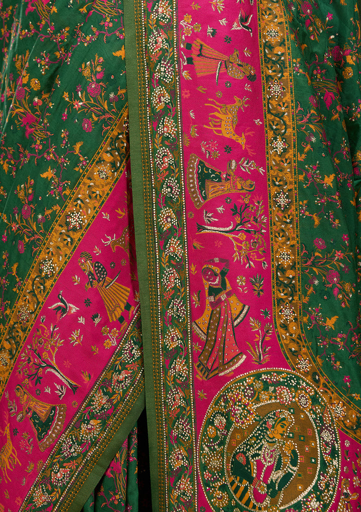 Bottle Green Art Silk Jaal Gold Stonework Saree With Matching Blouse Piece
