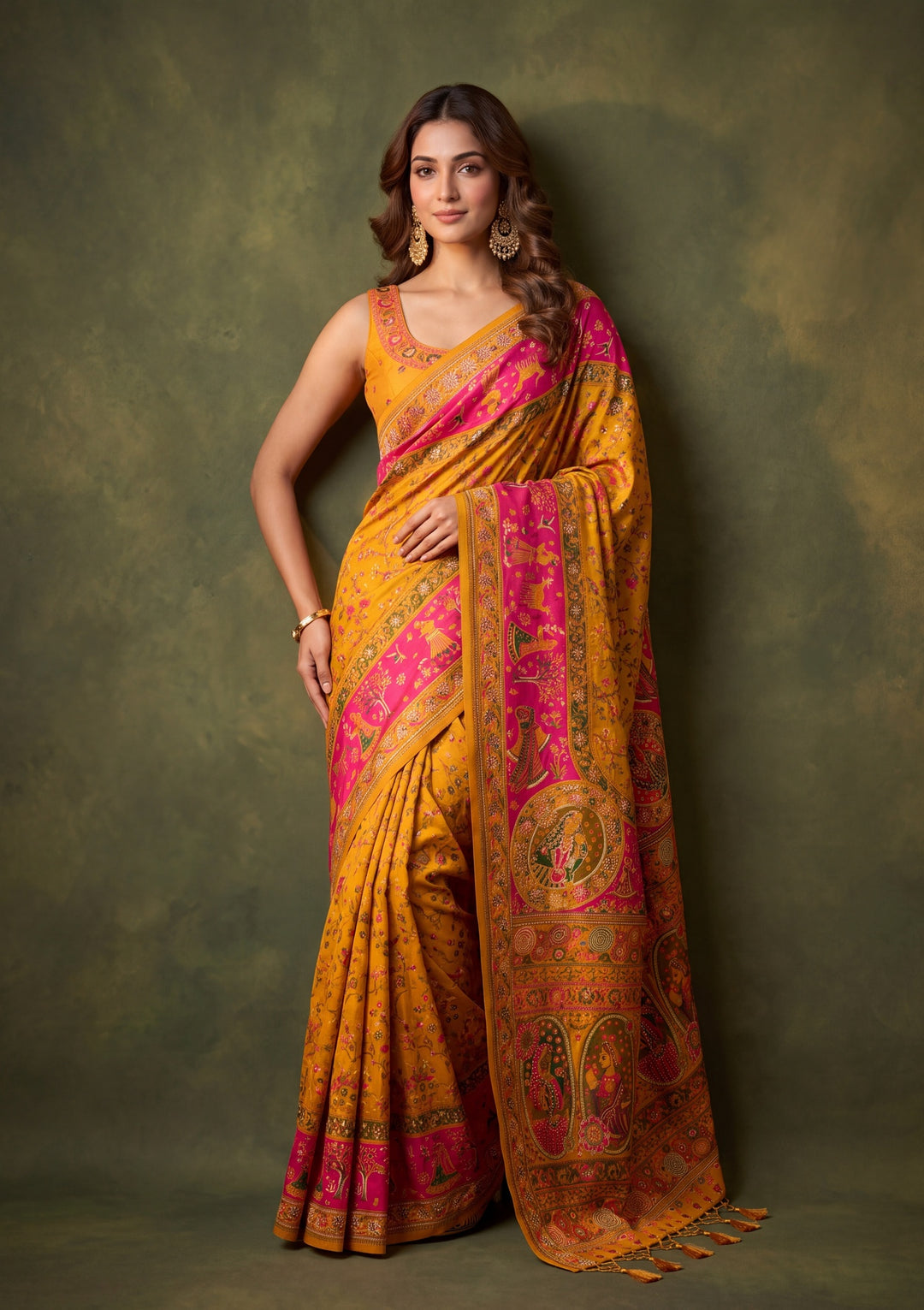 Mustard Yellow Art Silk Jaal Gold Stonework Saree With Matching Blouse Piece