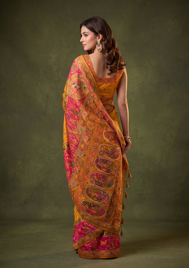 Mustard Yellow Art Silk Jaal Gold Stonework Saree With Matching Blouse Piece