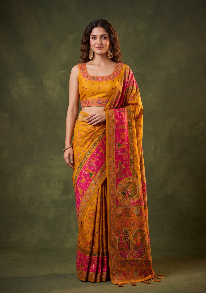 Mustard Yellow Art Silk Jaal Gold Stonework Saree With Matching Blouse Piece