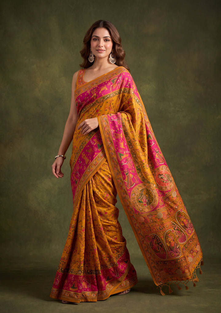 Mustard Yellow Art Silk Jaal Gold Stonework Saree With Matching Blouse Piece