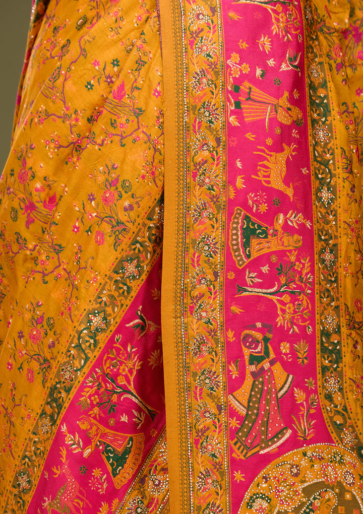 Mustard Yellow Art Silk Jaal Gold Stonework Saree With Matching Blouse Piece