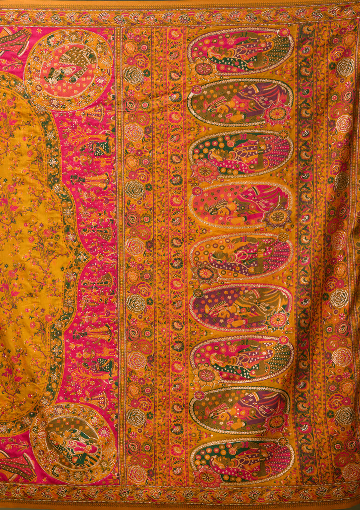 Mustard Yellow Art Silk Jaal Gold Stonework Saree With Matching Blouse Piece