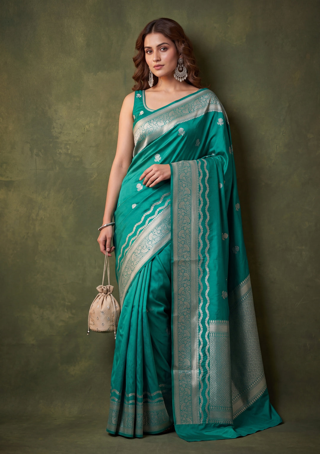 Rama Green Art Silk Buti Saree With Matching Blouse Piece