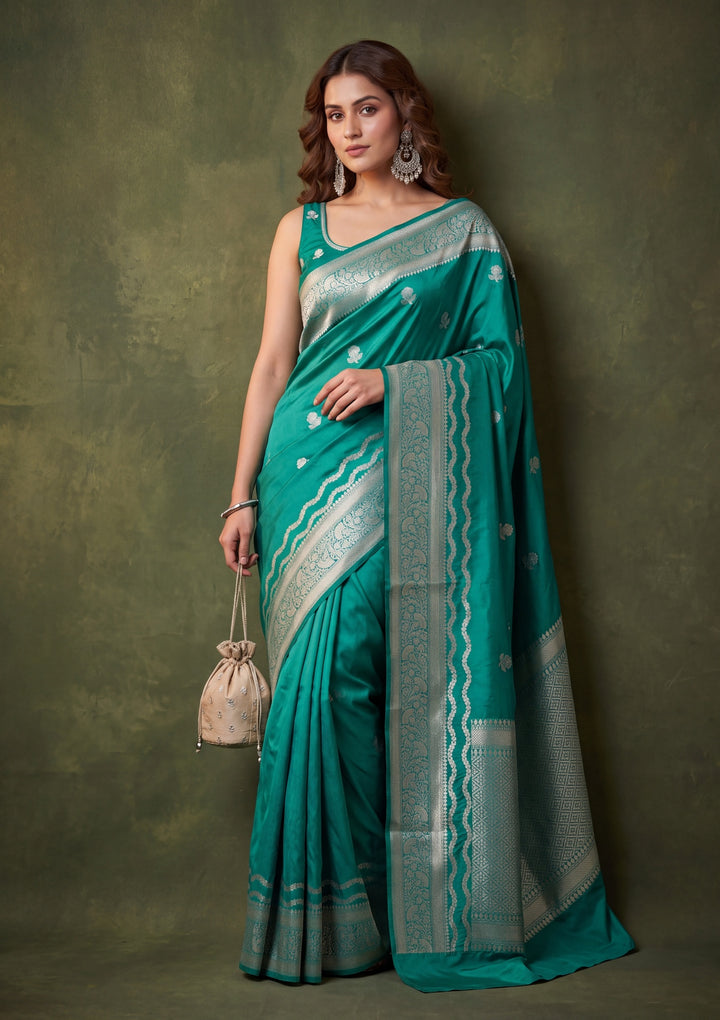 Rama Green Art Silk Buti Saree With Matching Blouse Piece