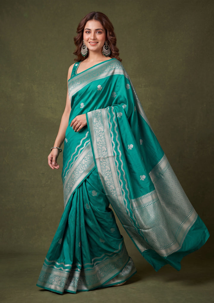 Rama Green Art Silk Buti Saree With Matching Blouse Piece