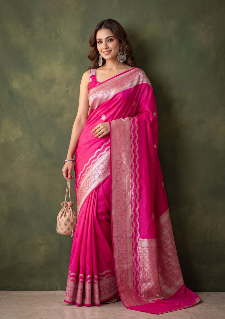 Rani Pink Art Silk Buti Saree With Matching Blouse Piece