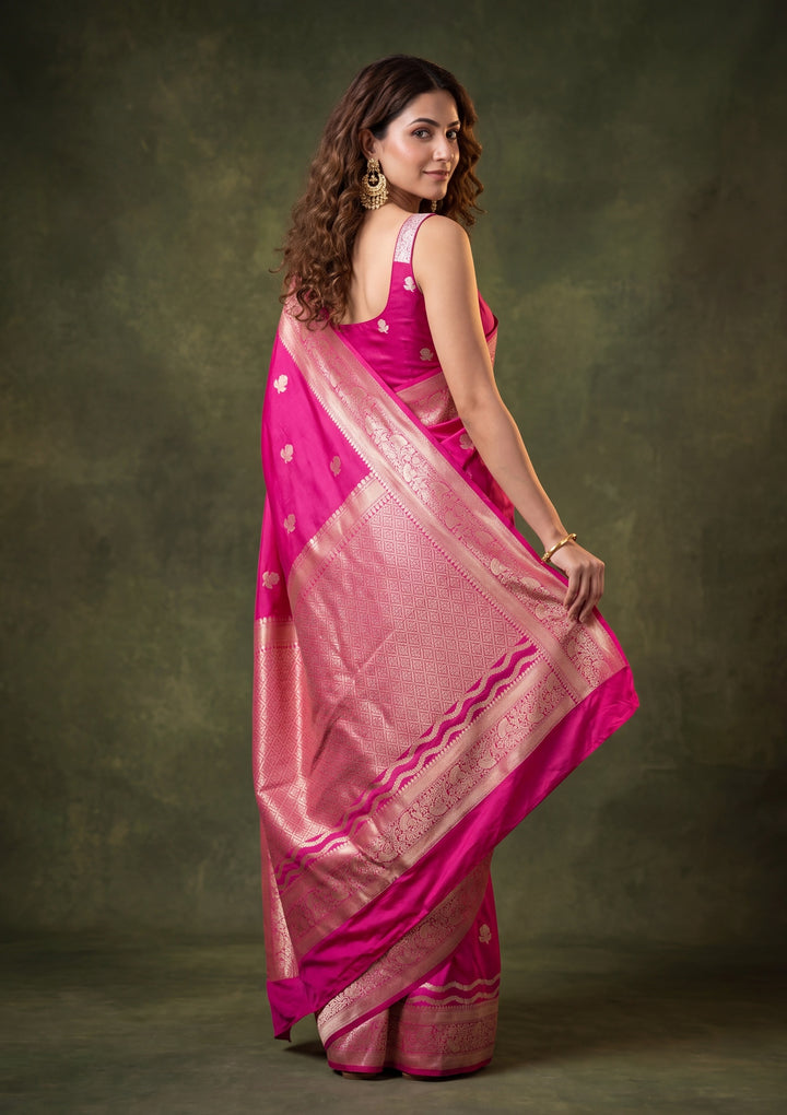 Rani Pink Art Silk Buti Saree With Matching Blouse Piece