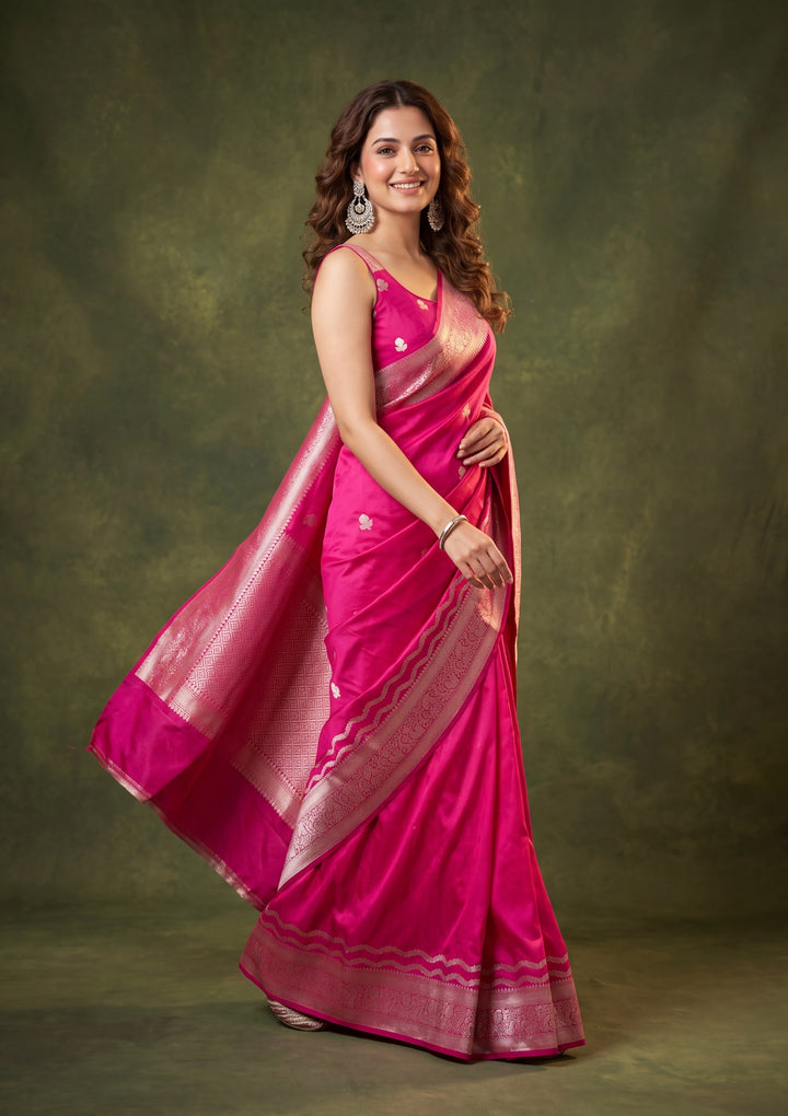 Rani Pink Art Silk Buti Saree With Matching Blouse Piece