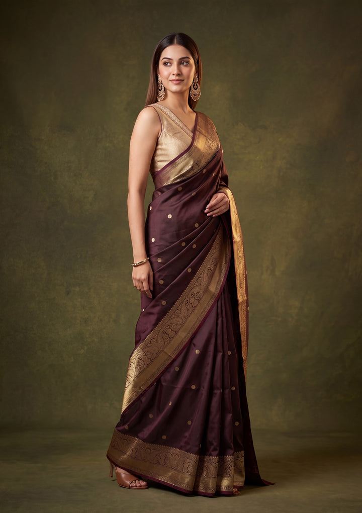 Dark Maroon Art Silk Buti Saree With Matching Blouse Piece