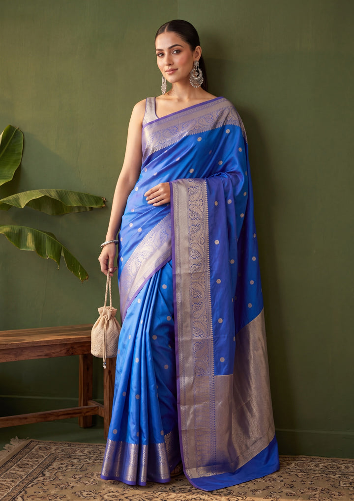 Royal Blue Art Silk Buti Saree With Matching Blouse Piece